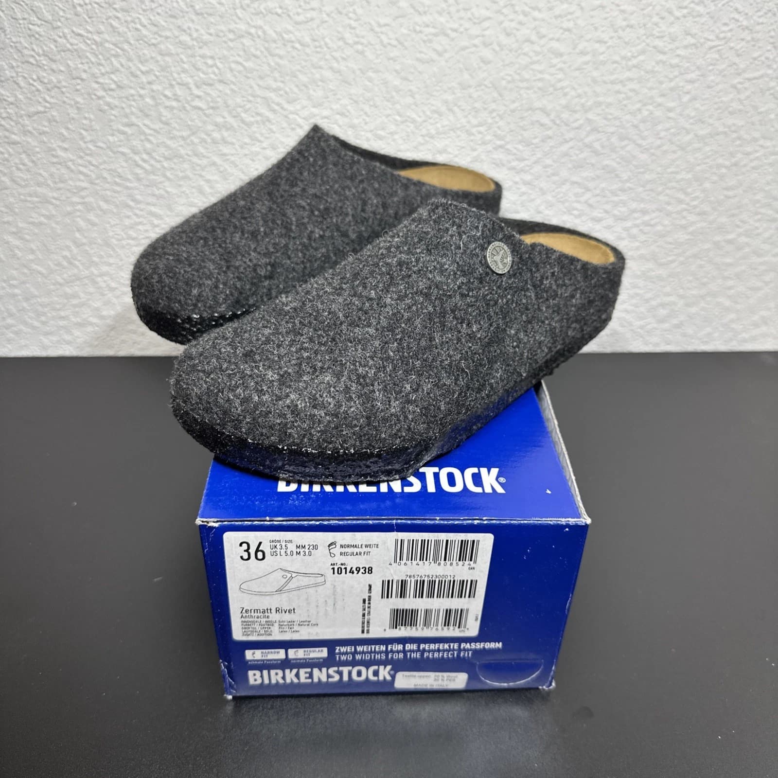 Birkenstock Zermatt Rivet Hausschuhe Anthracite Filz Normale Weite Unisex EUR 36